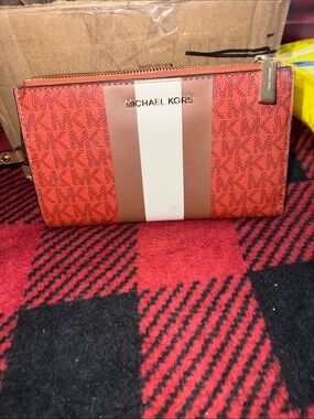 Michael Kors Orange Monogram Stripe Zip Wristlet